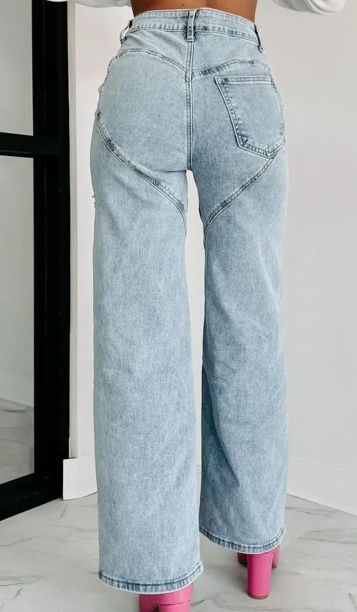 Women's High Waist Straight Wide Leg Y2K Denim Pants Cut Out Rhinestone Jeans Streetwear