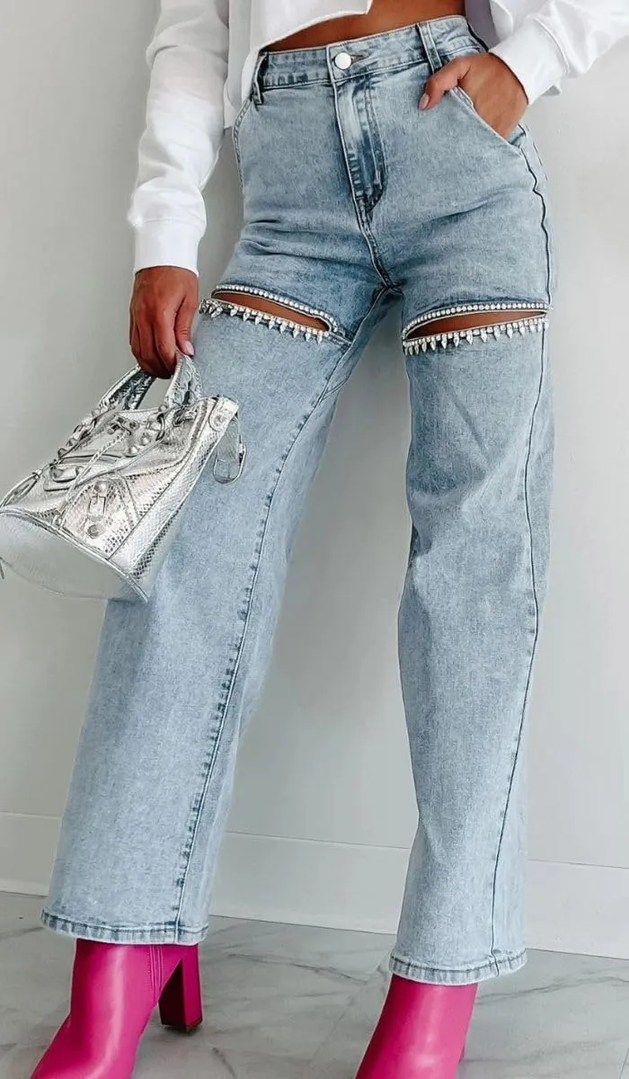 Women's High Waist Straight Wide Leg Y2K Denim Pants Cut Out Rhinestone Jeans Streetwear