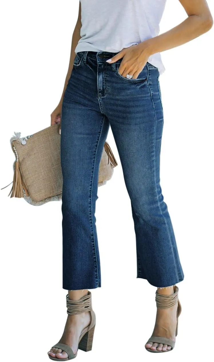 Women's High Waisted Crop Flare Jeans for Women Cropped Bell Bottom Jeans for Women Denim Pants with Live Hem