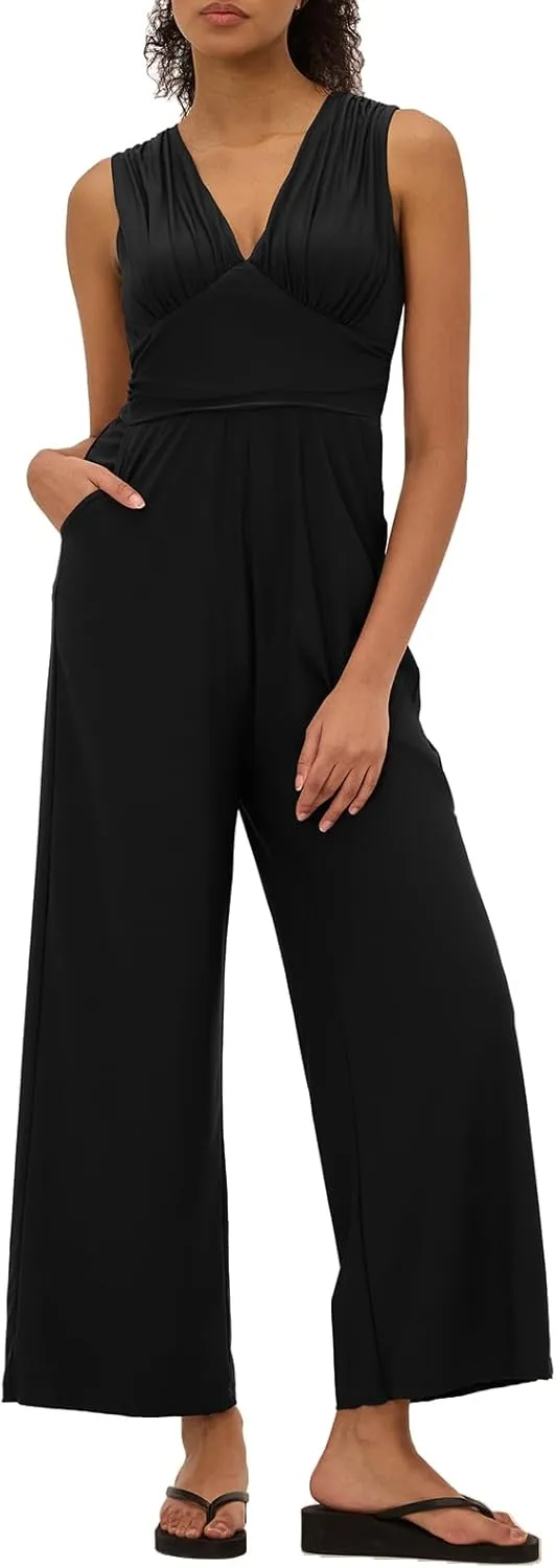 Womens Jumpsuits Sleeveless V Neck Ruched Wide Leg Overalls Dressy Casual One Piece Long Pants Romper with Pockets