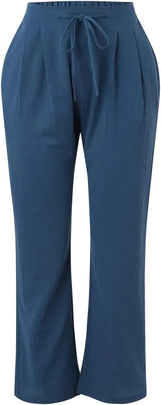 Womens Linen Summer Y2K Streetwear Palazzo Lounge Pants Low Waist Baggy Stretchy Loose Fit Trouser Business Work