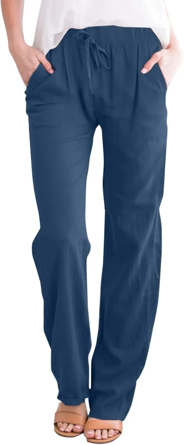 Womens Linen Summer Y2K Streetwear Palazzo Lounge Pants Low Waist Baggy Stretchy Loose Fit Trouser Business Work