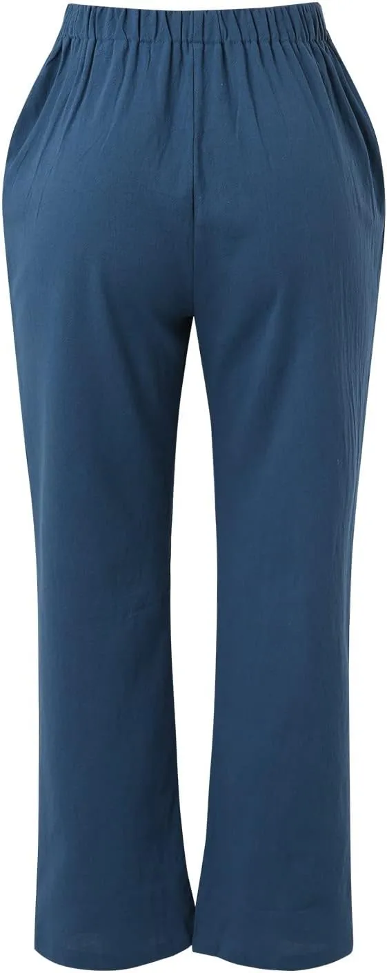 Womens Linen Summer Y2K Streetwear Palazzo Lounge Pants Low Waist Baggy Stretchy Loose Fit Trouser Business Work