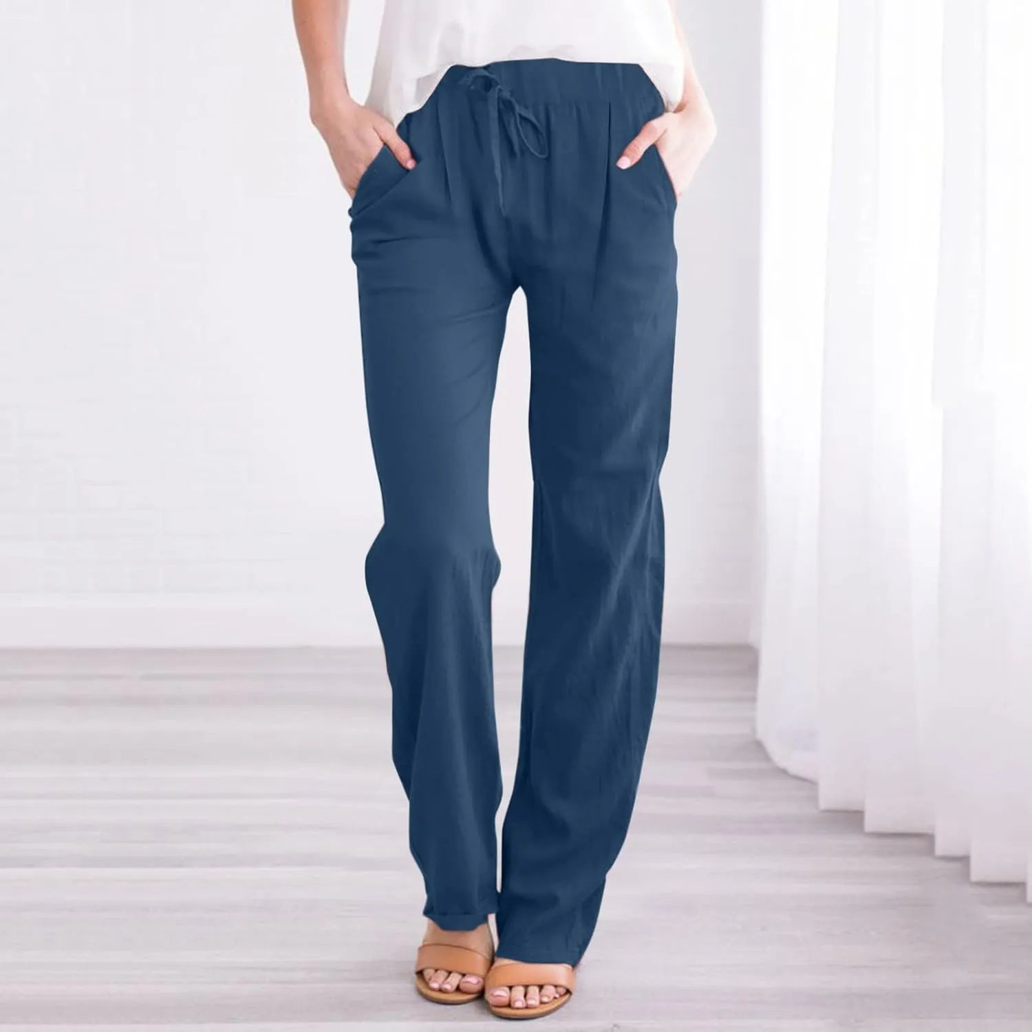 Womens Linen Summer Y2K Streetwear Palazzo Lounge Pants Low Waist Baggy Stretchy Loose Fit Trouser Business Work