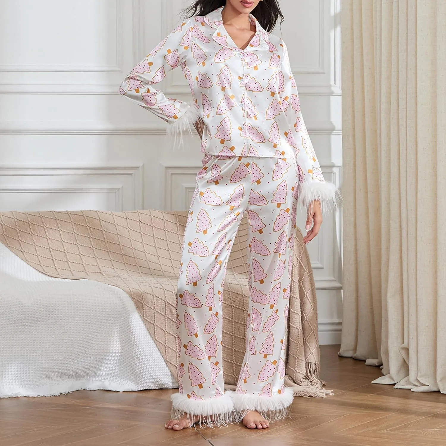 Womens Pajama Sets Birthday/Mother's Day/New Year/Christmas Multi Pajamas Women Set Silk Satin Loungewear Pant