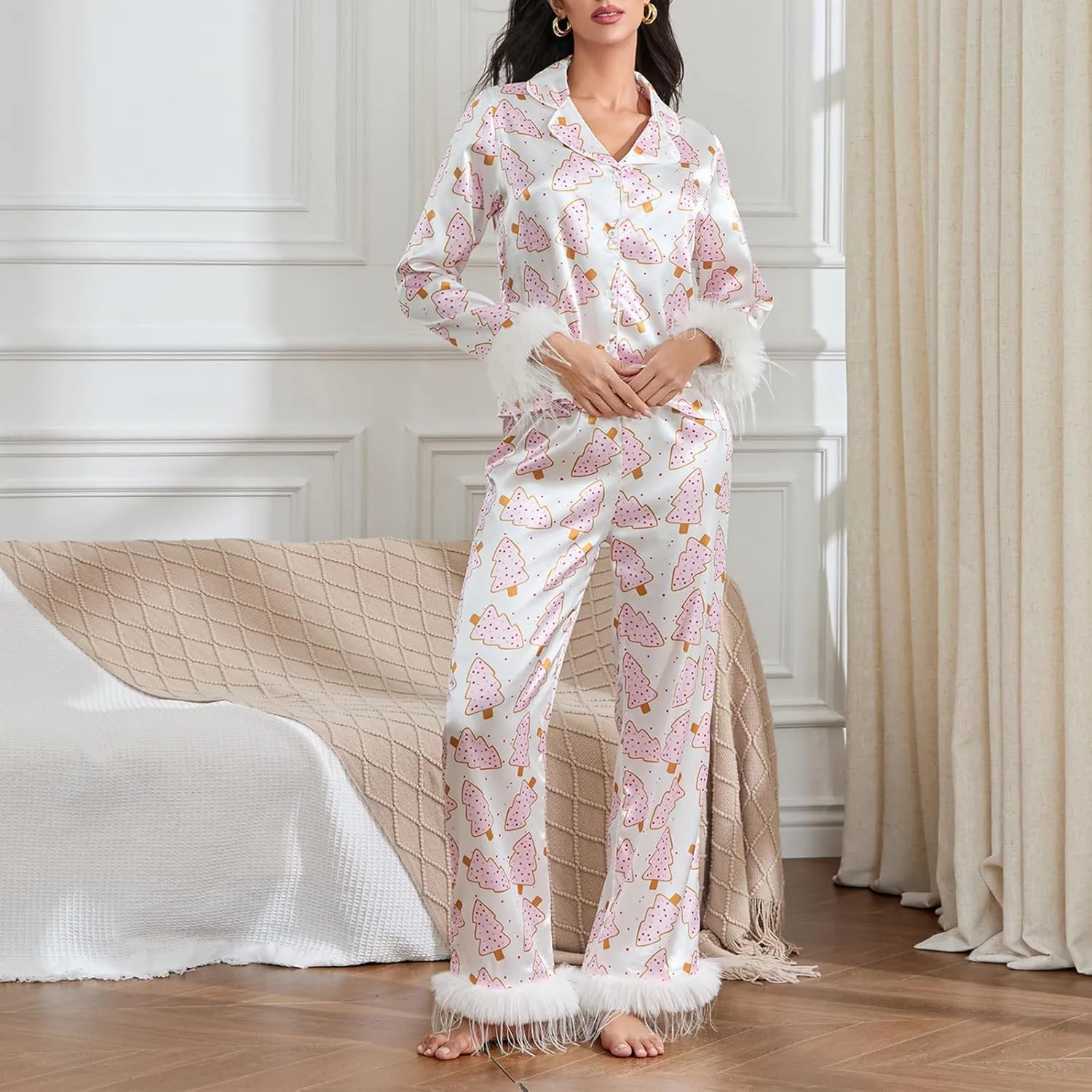 Womens Pajama Sets Birthday/Mother's Day/New Year/Christmas Multi Pajamas Women Set Silk Satin Loungewear Pant