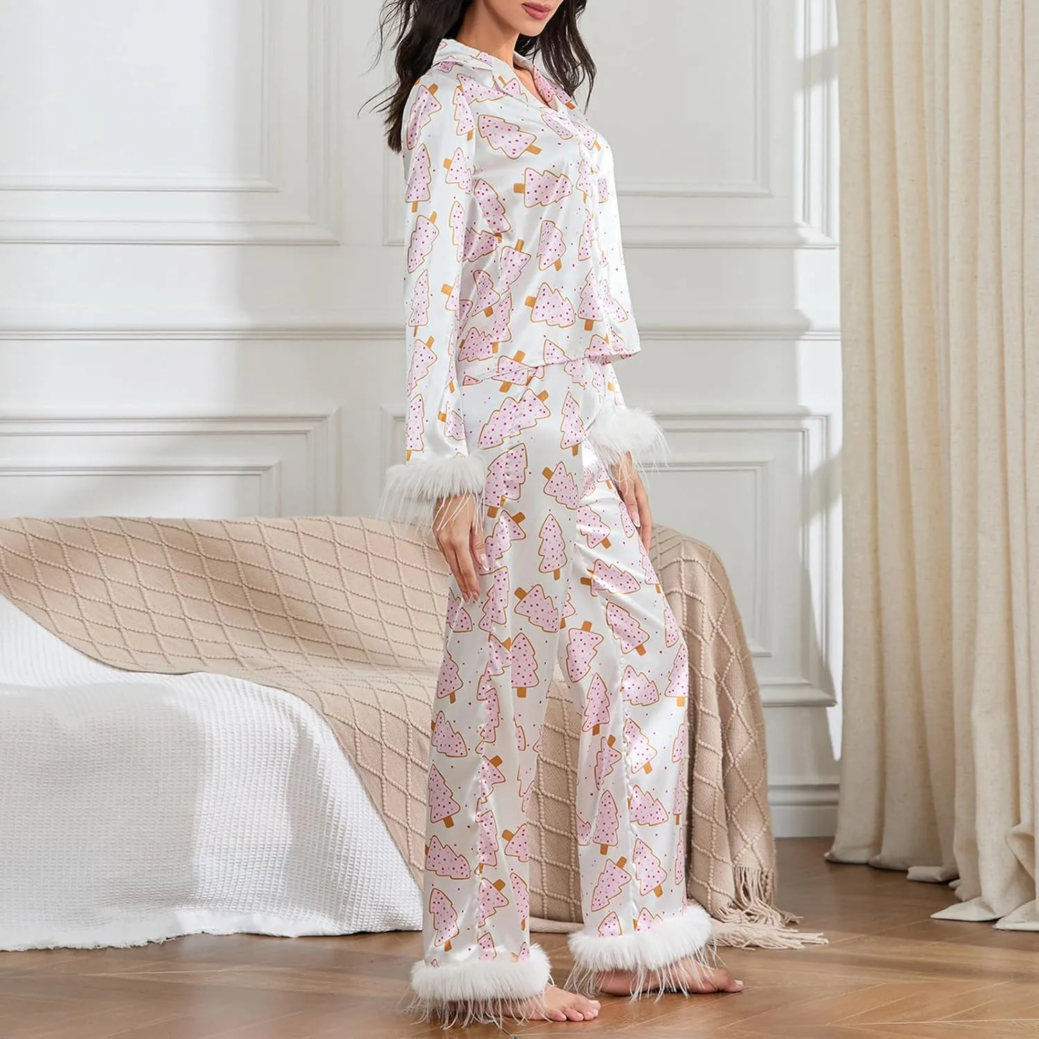 Womens Pajama Sets Birthday/Mother's Day/New Year/Christmas Multi Pajamas Women Set Silk Satin Loungewear Pant