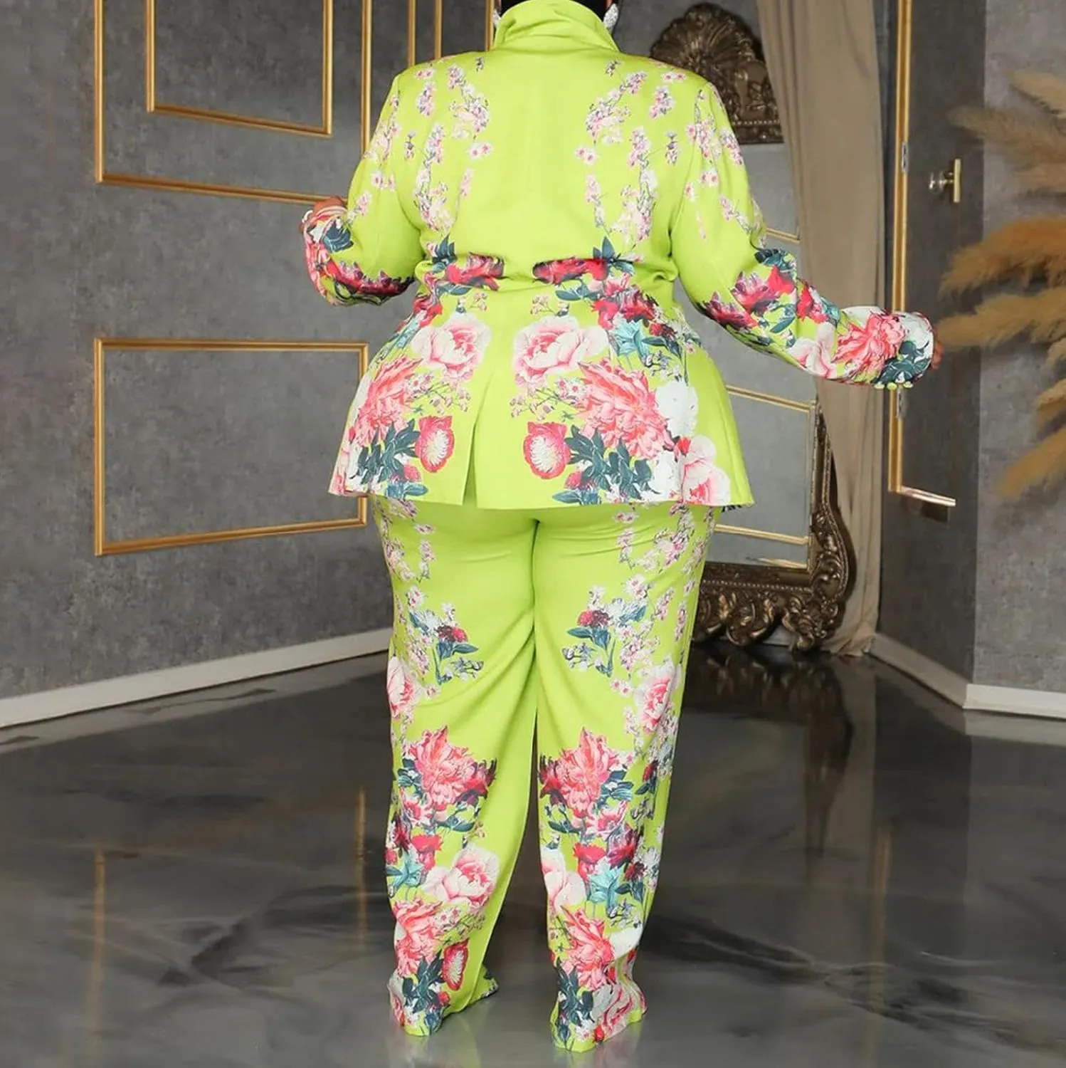 Women's Plus Size 2 Piece Floral Printed Outfits Soft Lightweight Open Front Long Sleeve Blazer Pants Suit Sets