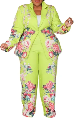 Women's Plus Size 2 Piece Floral Printed Outfits Soft Lightweight Open Front Long Sleeve Blazer Pants Suit Sets