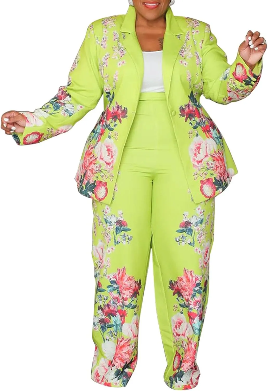 Women's Plus Size 2 Piece Floral Printed Outfits Soft Lightweight Open Front Long Sleeve Blazer Pants Suit Sets