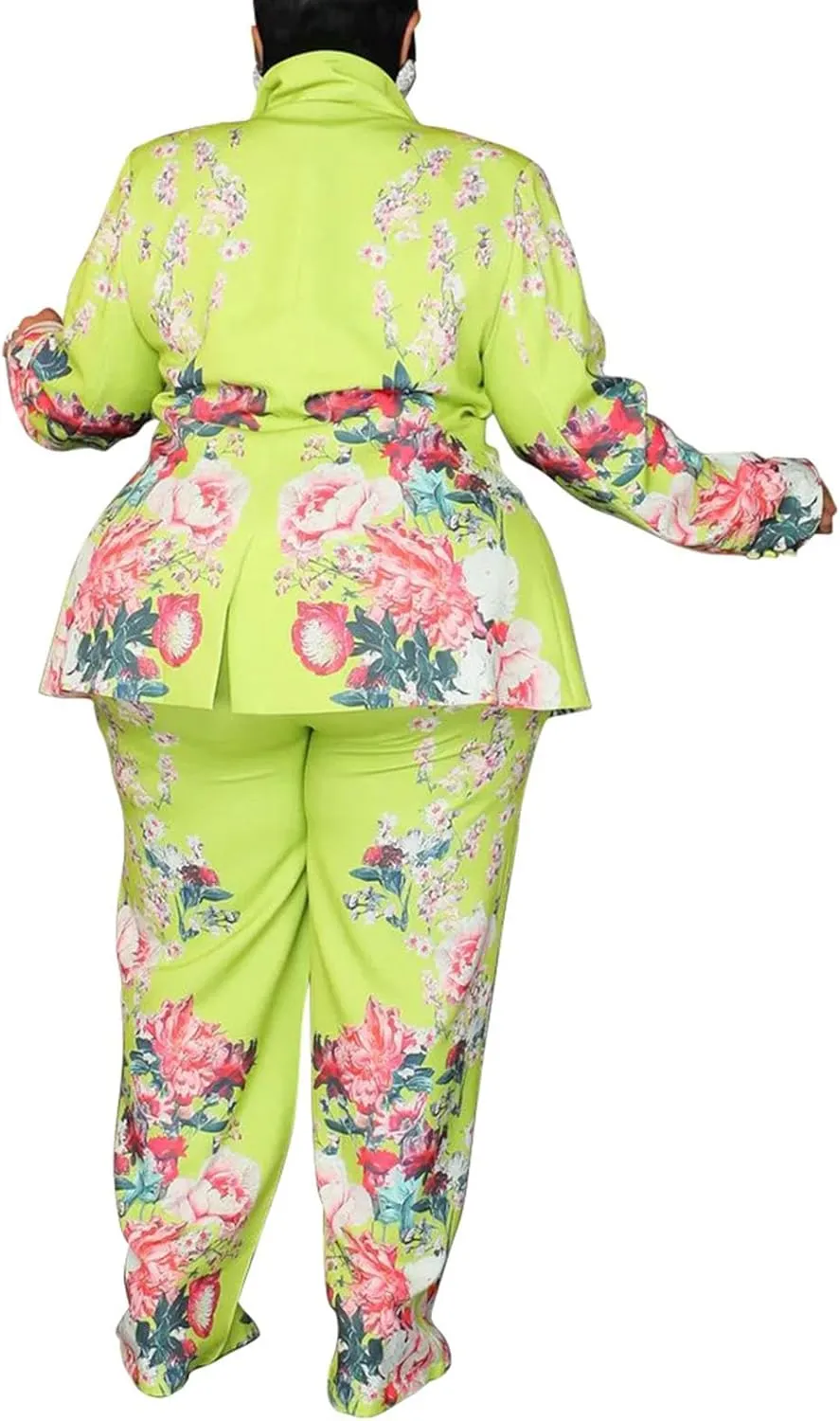 Women's Plus Size 2 Piece Floral Printed Outfits Soft Lightweight Open Front Long Sleeve Blazer Pants Suit Sets