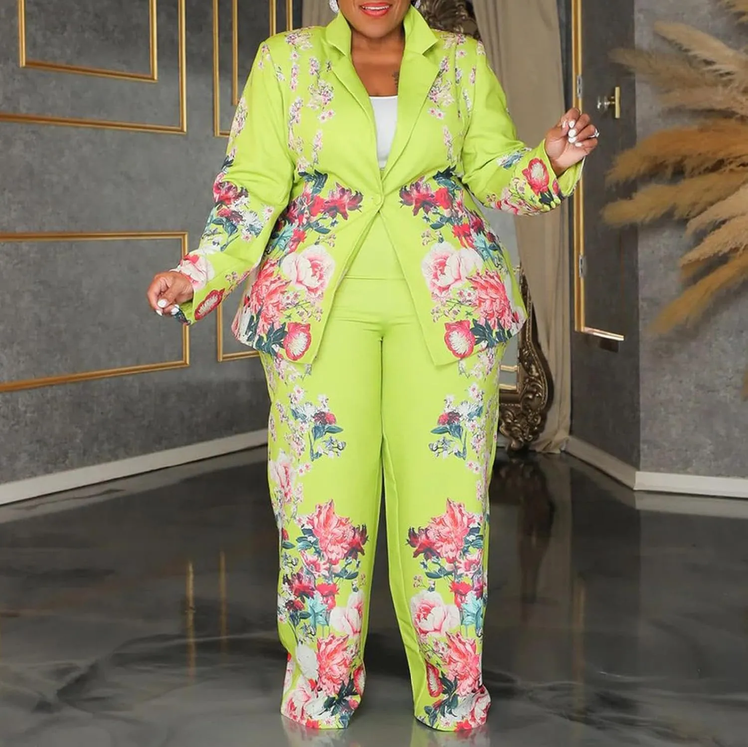 Women's Plus Size 2 Piece Floral Printed Outfits Soft Lightweight Open Front Long Sleeve Blazer Pants Suit Sets