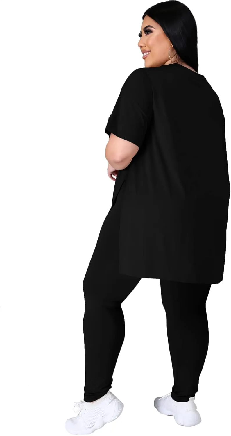 Women's Plus Size Two Piece Outfits Loungewear Sets Summer Oversized Tshirts Long Sweatpants Sweatsuits Sets