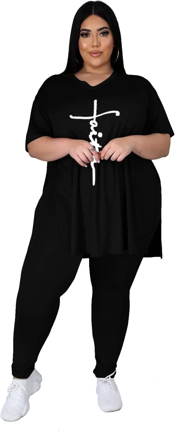 Women's Plus Size Two Piece Outfits Loungewear Sets Summer Oversized Tshirts Long Sweatpants Sweatsuits Sets