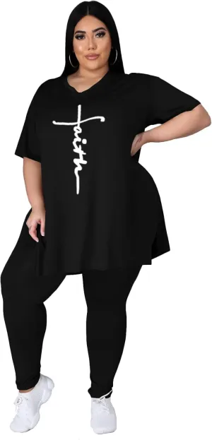 Women's Plus Size Two Piece Outfits Loungewear Sets Summer Oversized Tshirts Long Sweatpants Sweatsuits Sets