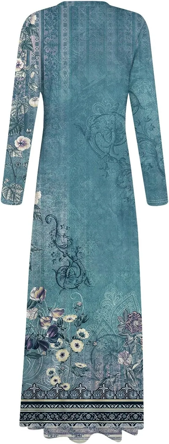 Women's Spring Pretty Sexy Long Sleeve Floral Print Dress Formal V-Neck Long Dresses