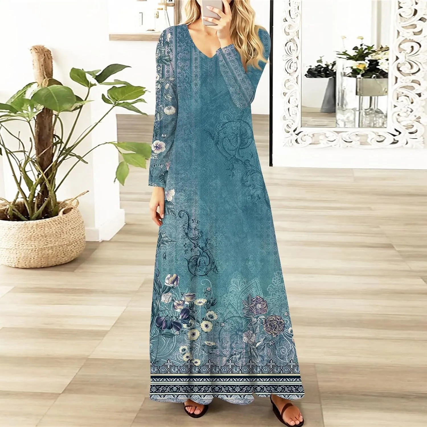 Women's Spring Pretty Sexy Long Sleeve Floral Print Dress Formal V-Neck Long Dresses
