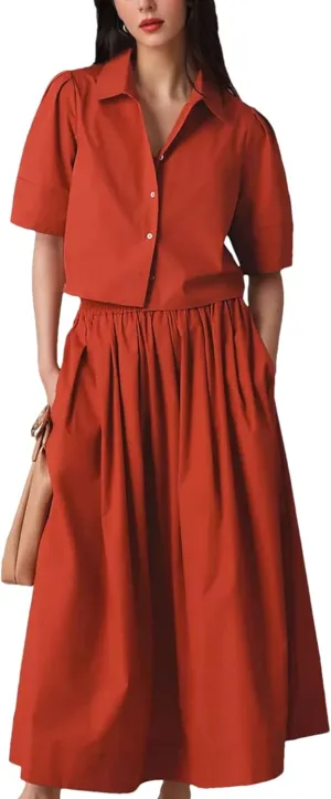 Womens Summer 2 Piece Outfits Skirt Sets Button Short Sleeve Tops Elastic Waist Maxi Dress Sets with Pockets(0266-Red-L)