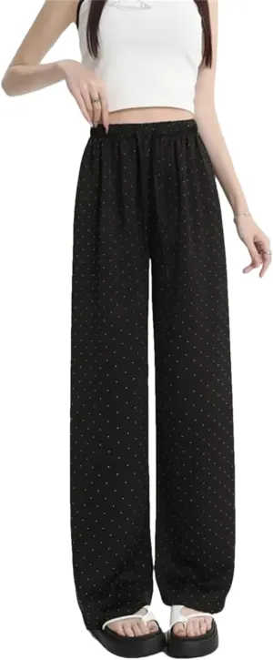 Women's Summer Ice Silk Pants High Waist Straight Casual Trousers Loose Wide-Leg Pants