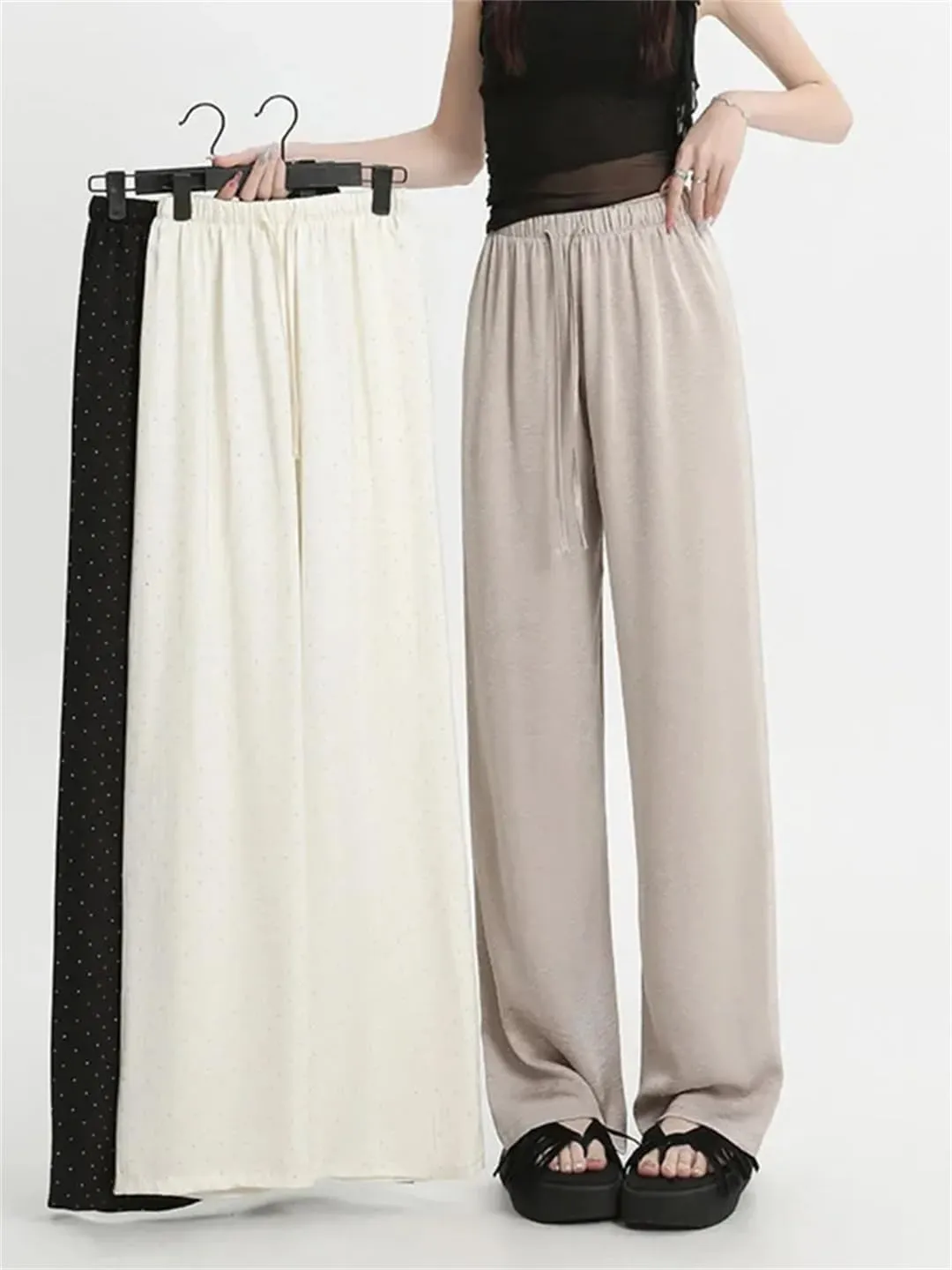 Women's Summer Ice Silk Pants High Waist Straight Casual Trousers Loose Wide-Leg Pants