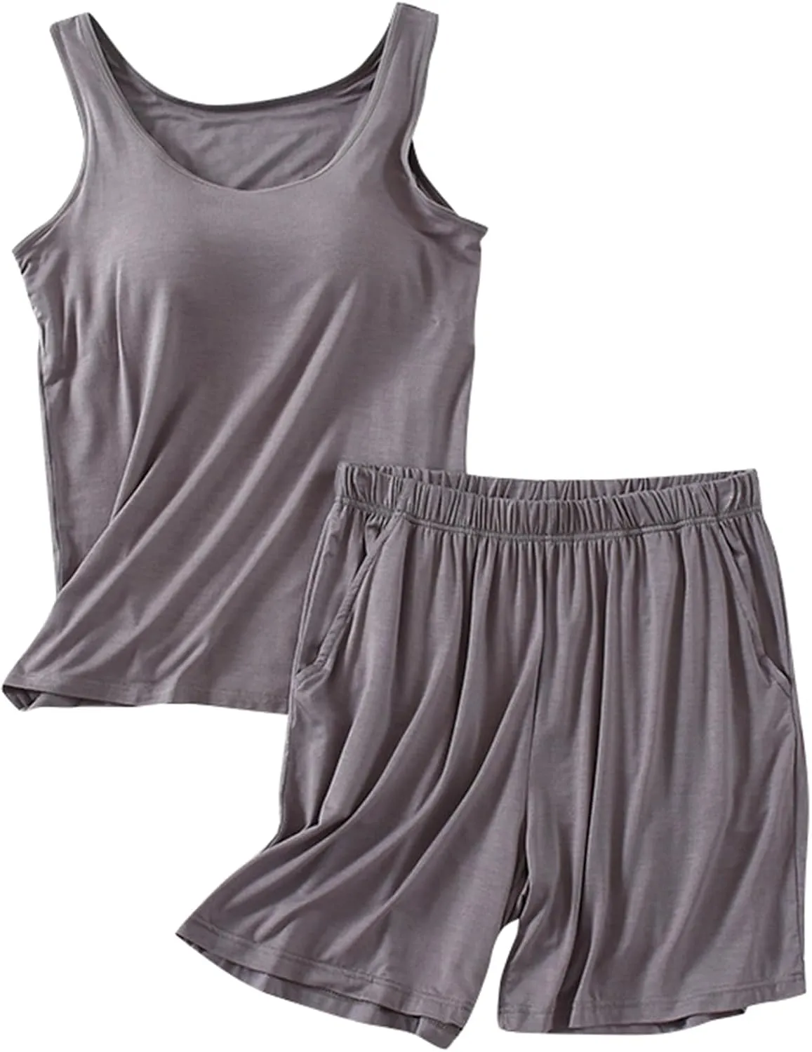 Womens Summer Pajamas 2 Piece Sets Camisole Tops Built in Bra Square Neck Shirt Pjs Shorts Sets Soft Sleep Loungewear