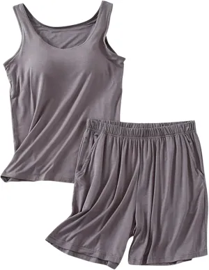 Womens Summer Pajamas 2 Piece Sets Camisole Tops Built in Bra Square Neck Shirt Pjs Shorts Sets Soft Sleep Loungewear