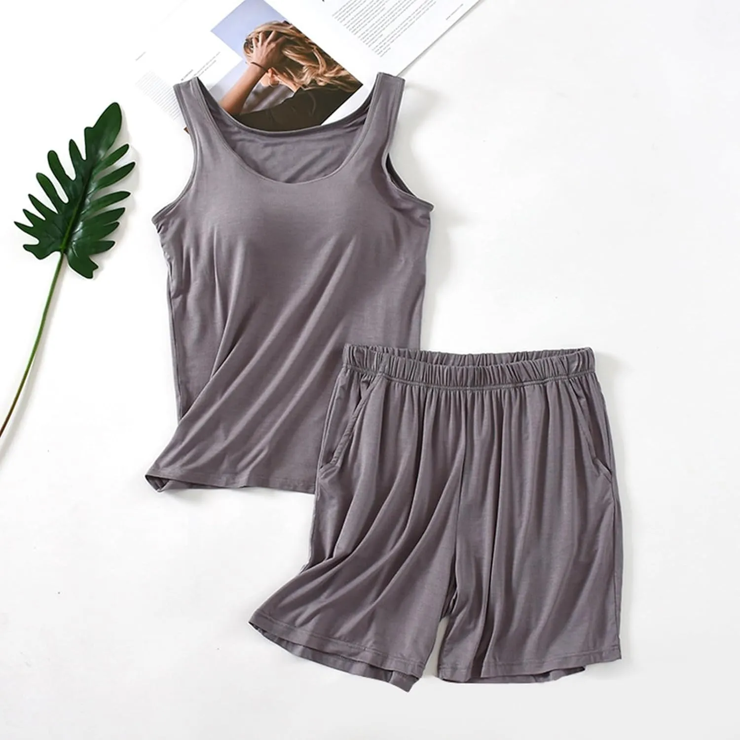 Womens Summer Pajamas 2 Piece Sets Camisole Tops Built in Bra Square Neck Shirt Pjs Shorts Sets Soft Sleep Loungewear