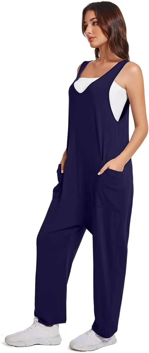 Womens V Neck Jumpsuit Casual Loose Tank Sleeveless Overalls Wide Leg Long Pants Romper with Pockets 2025 Clothes
