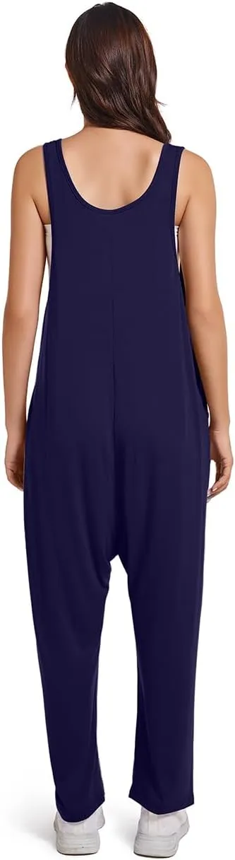 Womens V Neck Jumpsuit Casual Loose Tank Sleeveless Overalls Wide Leg Long Pants Romper with Pockets 2025 Clothes