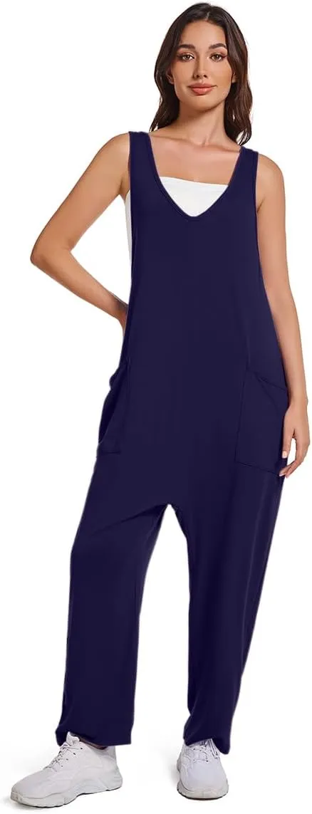 Womens V Neck Jumpsuit Casual Loose Tank Sleeveless Overalls Wide Leg Long Pants Romper with Pockets 2025 Clothes