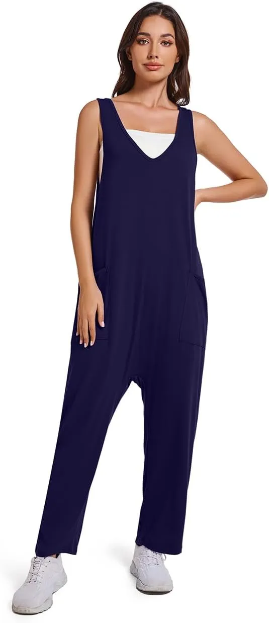 Womens V Neck Jumpsuit Casual Loose Tank Sleeveless Overalls Wide Leg Long Pants Romper with Pockets 2025 Clothes