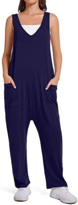 Womens V Neck Jumpsuit Casual Loose Tank Sleeveless Overalls Wide Leg Long Pants Romper with Pockets 2025 Clothes