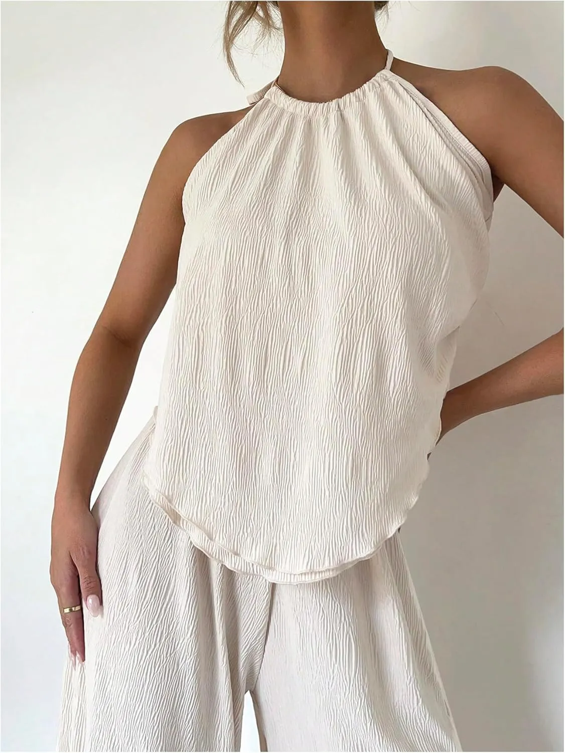 Women's Vocation Casual Two Piece Outfits Halter Tie Backless Tank Top and High Waist Wide Leg Pants Set