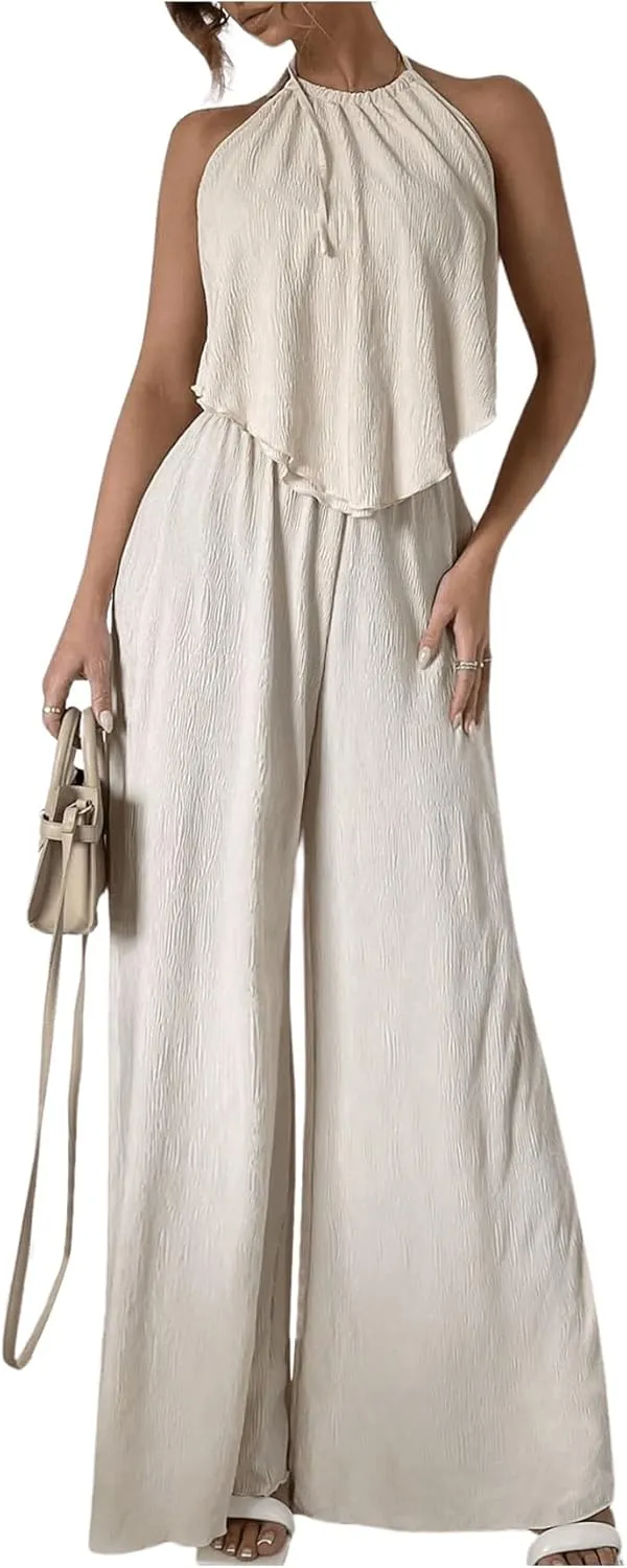 Women's Vocation Casual Two Piece Outfits Halter Tie Backless Tank Top and High Waist Wide Leg Pants Set