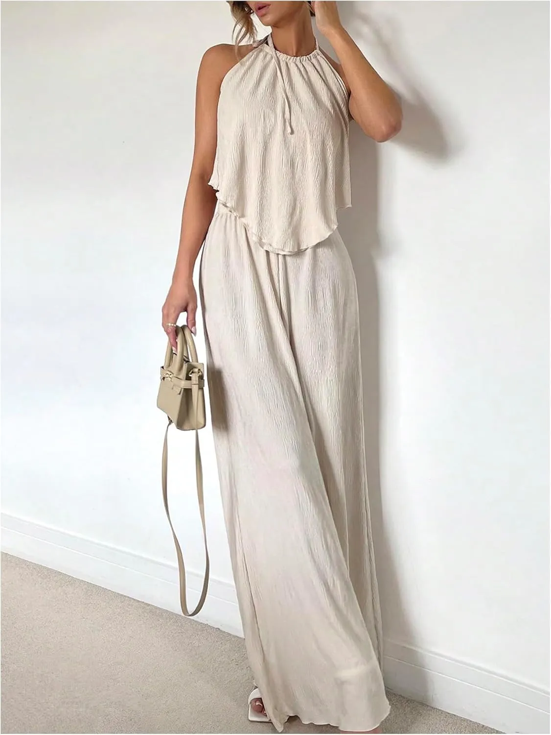 Women's Vocation Casual Two Piece Outfits Halter Tie Backless Tank Top and High Waist Wide Leg Pants Set