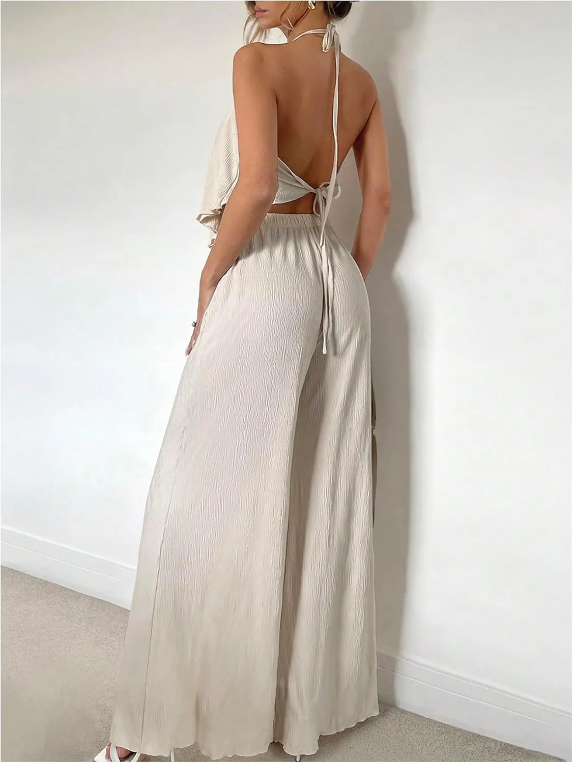 Women's Vocation Casual Two Piece Outfits Halter Tie Backless Tank Top and High Waist Wide Leg Pants Set