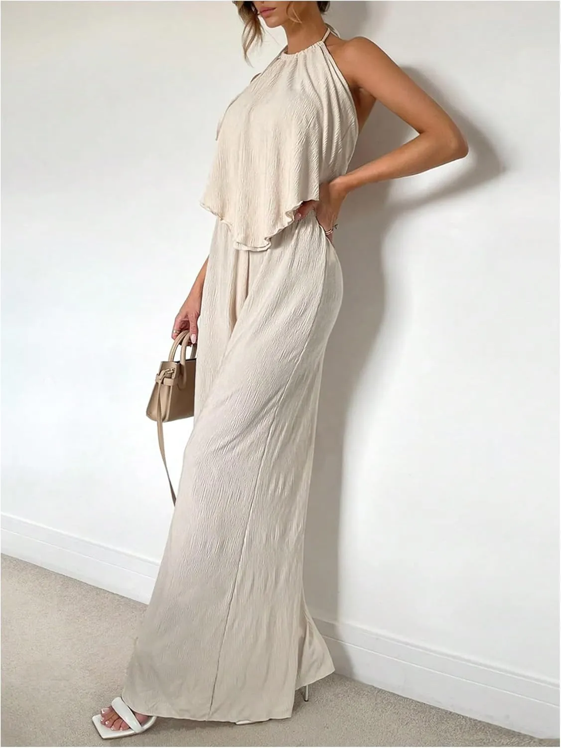 Women's Vocation Casual Two Piece Outfits Halter Tie Backless Tank Top and High Waist Wide Leg Pants Set