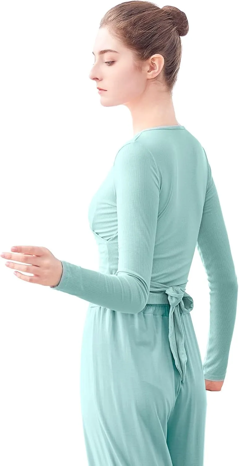 Women's Yoga Dance Crop Long Sleeve Blouse Adult V Neck Front Cross-Back Lace-up Top