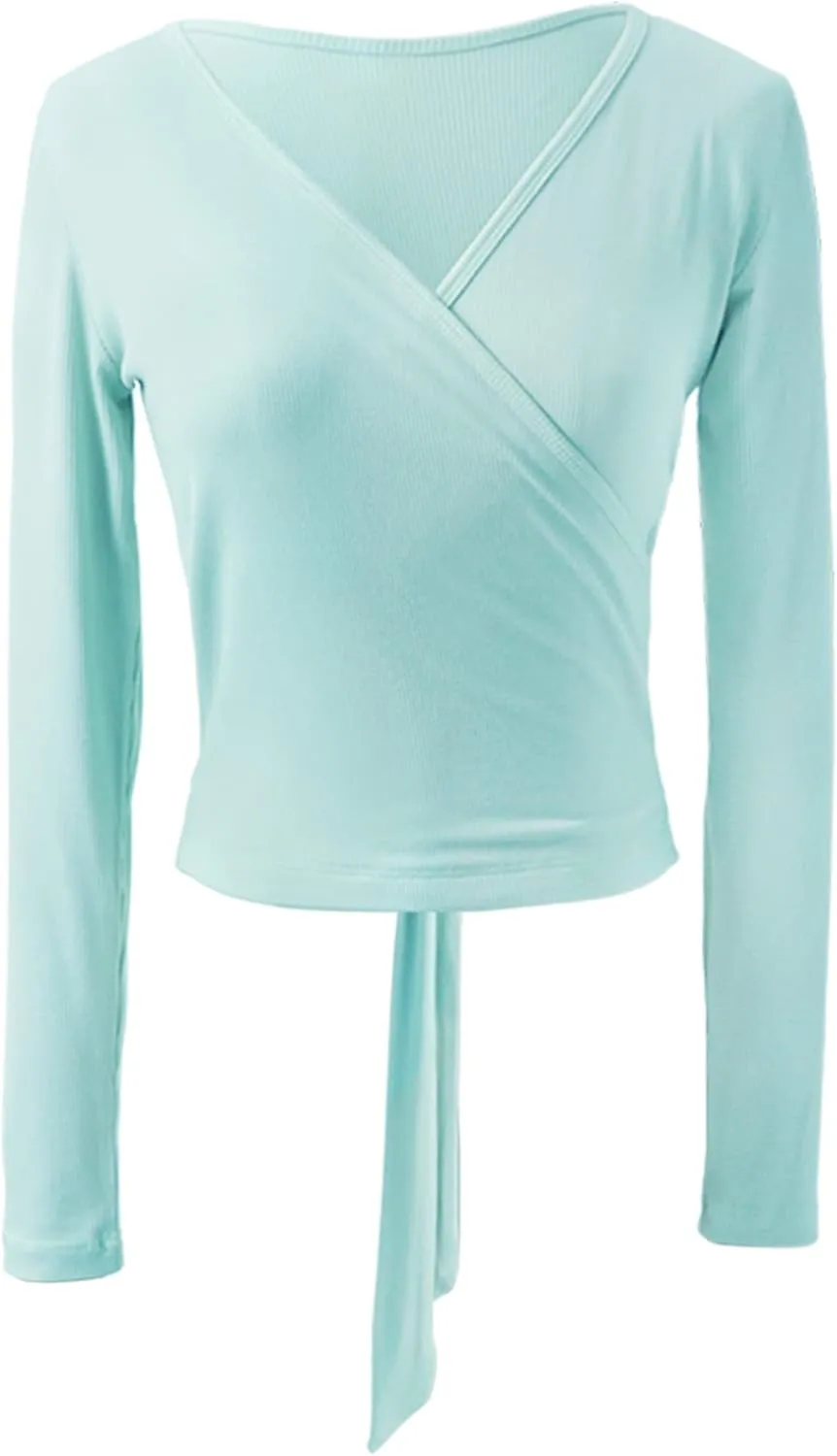 Women's Yoga Dance Crop Long Sleeve Blouse Adult V Neck Front Cross-Back Lace-up Top