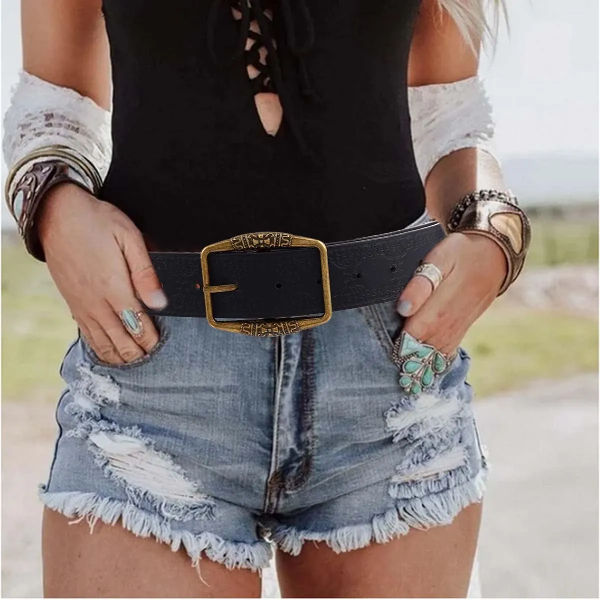Yalice Heart Western Leather Belt for Women Men Star Buckle Waist Belt for Jeans Pants Ladies Cowgirls Cowboys Belt
