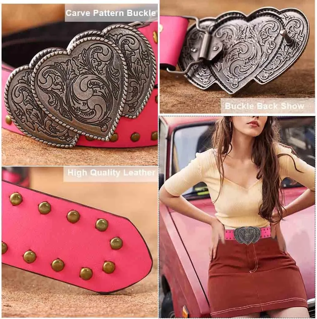 Yalice Heart Western Leather Belt for Women Men Star Buckle Waist Belt for Jeans Pants Ladies Cowgirls Cowboys Belt