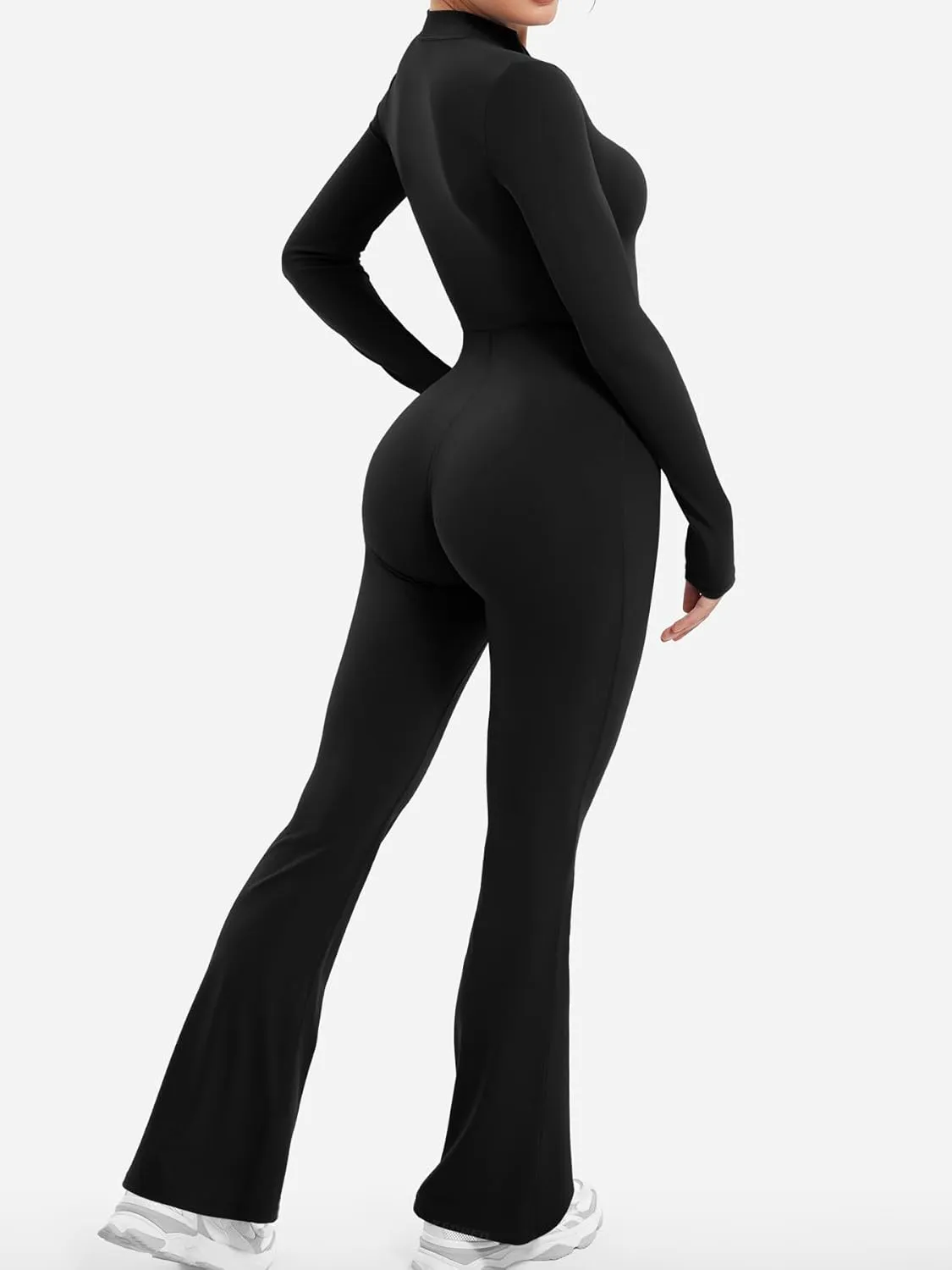 YEOREO Women Long Sleeve Flare Workout Jumpsuit Zip Up Romper Bottom Pants Wide Leg Bodysuit Bodycon Sexy One Piece