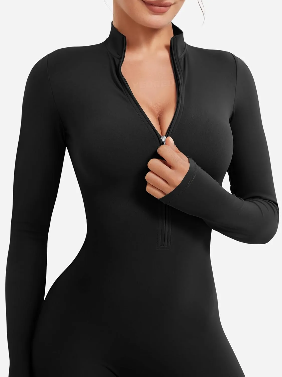 YEOREO Women Long Sleeve Flare Workout Jumpsuit Zip Up Romper Bottom Pants Wide Leg Bodysuit Bodycon Sexy One Piece