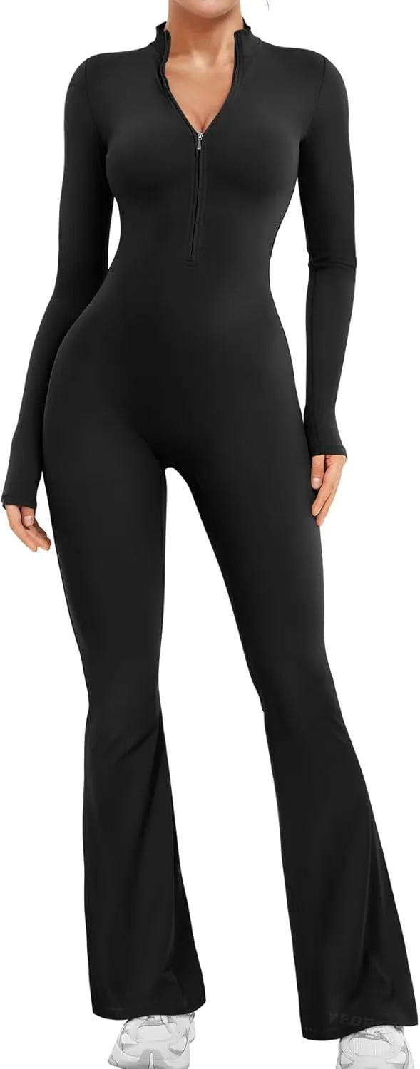 YEOREO Women Long Sleeve Flare Workout Jumpsuit Zip Up Romper Bottom Pants Wide Leg Bodysuit Bodycon Sexy One Piece