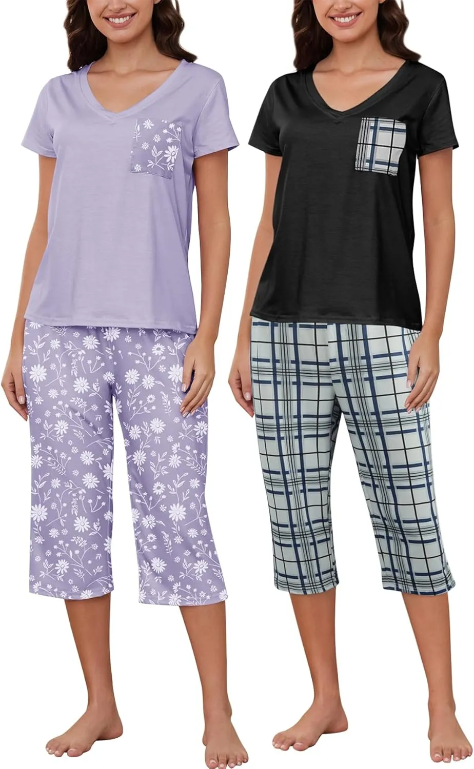 YIJIU 2 Pack Women's Pajamas Set Short Sleeve With Pocket Sleepwear Tops and Capri Pants Pjs Soft Print Loungewear Nightwear