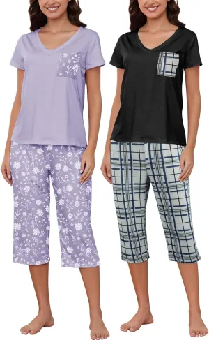YIJIU 2 Pack Women's Pajamas Set Short Sleeve With Pocket Sleepwear Tops and Capri Pants Pjs Soft Print Loungewear Nightwear