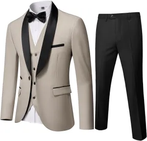 YND Men's 3 Piece Slim Fit Tuxedo Set, One Button Shawl Collar Solid Jacket Vest Pants with Bow Tie