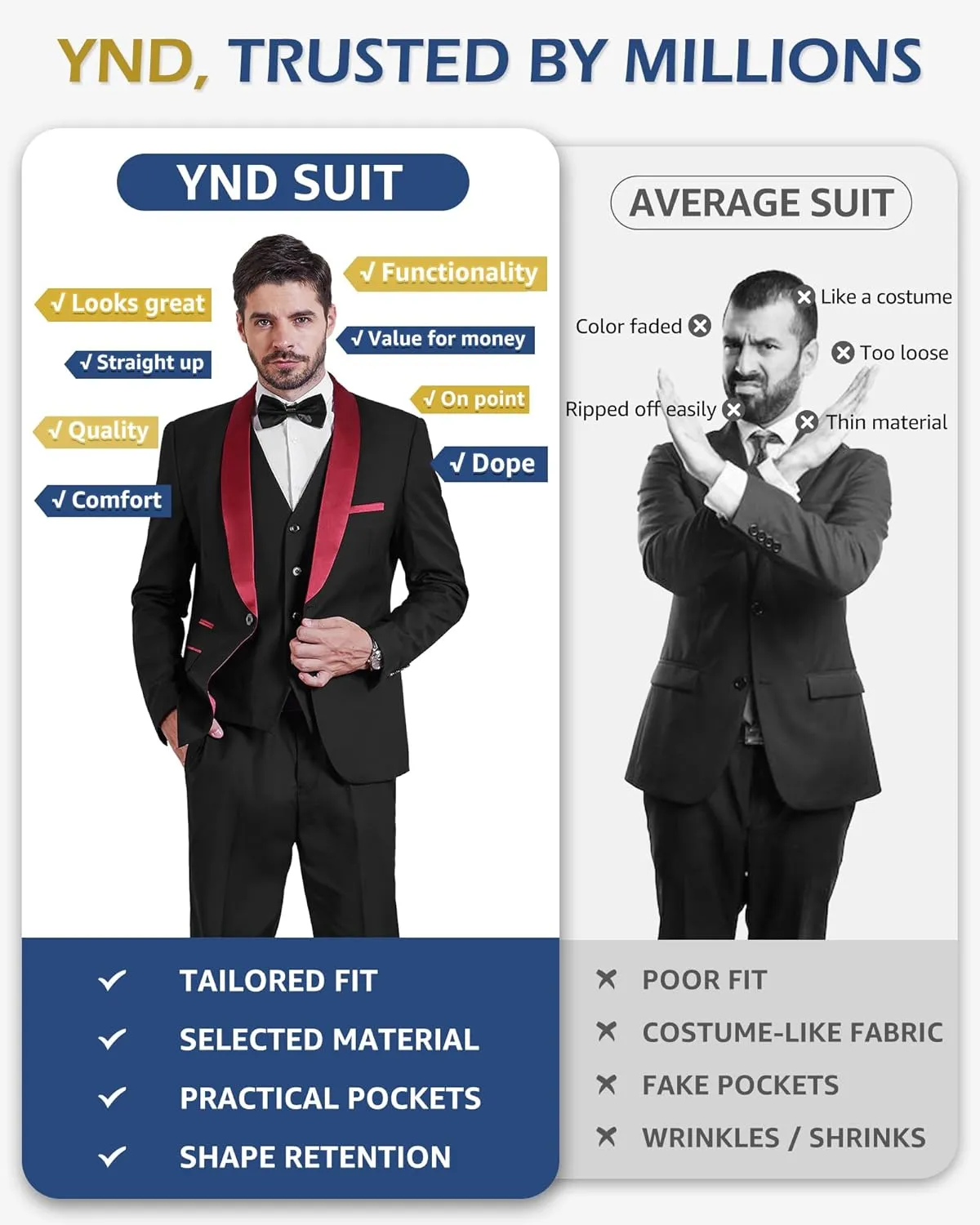 YND Men's 3 Piece Slim Fit Tuxedo Set, One Button Shawl Collar Solid Jacket Vest Pants with Bow Tie