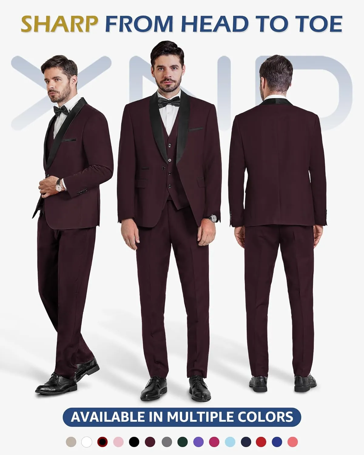YND Men's 3 Piece Slim Fit Tuxedo Set, One Button Shawl Collar Solid Jacket Vest Pants with Bow Tie