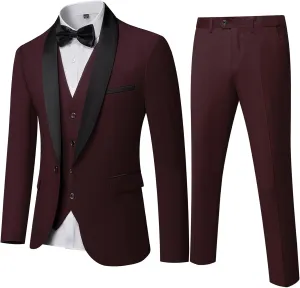 YND Men's 3 Piece Slim Fit Tuxedo Set, One Button Shawl Collar Solid Jacket Vest Pants with Bow Tie